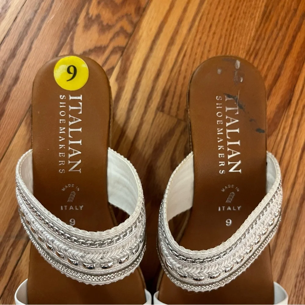 Italian Shoe Makers Silver Embellished Double Band Wedge Sandals Made In Italy 9